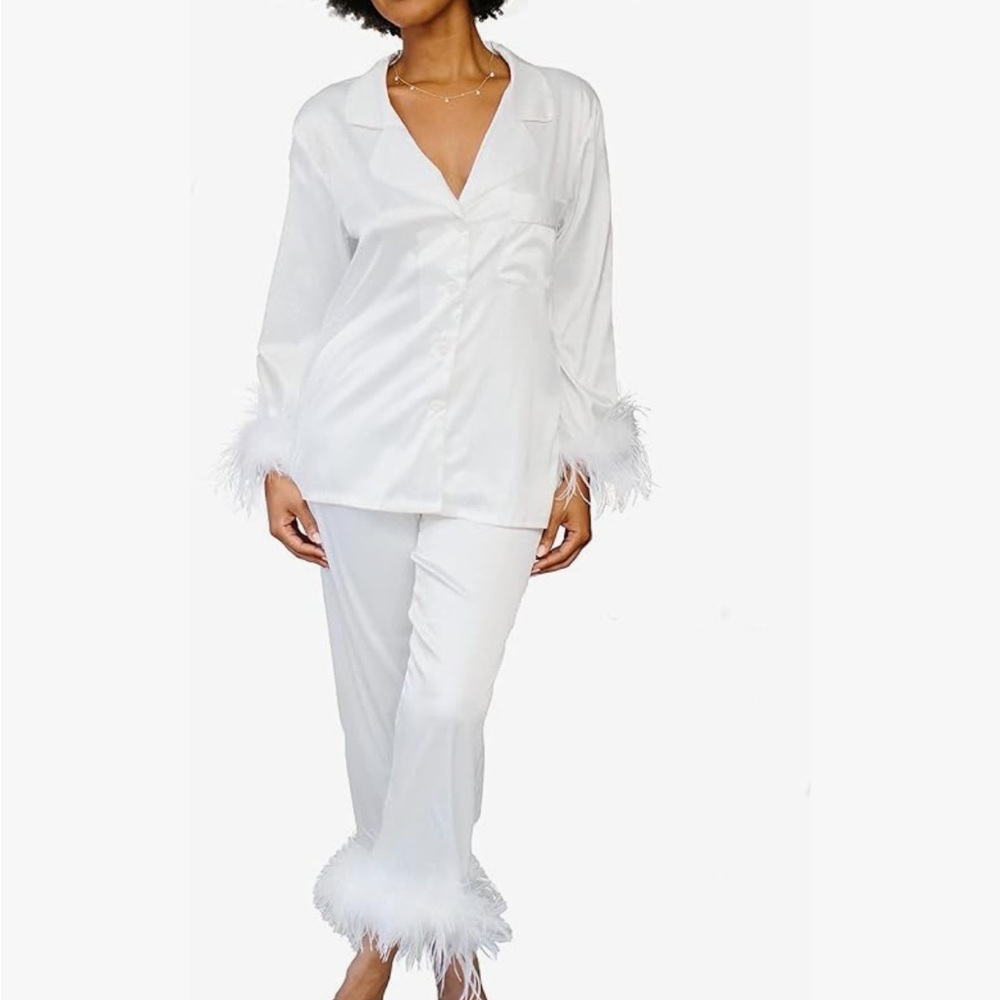 NWT White Satin Pajama Set Fuzzy Feather Trim